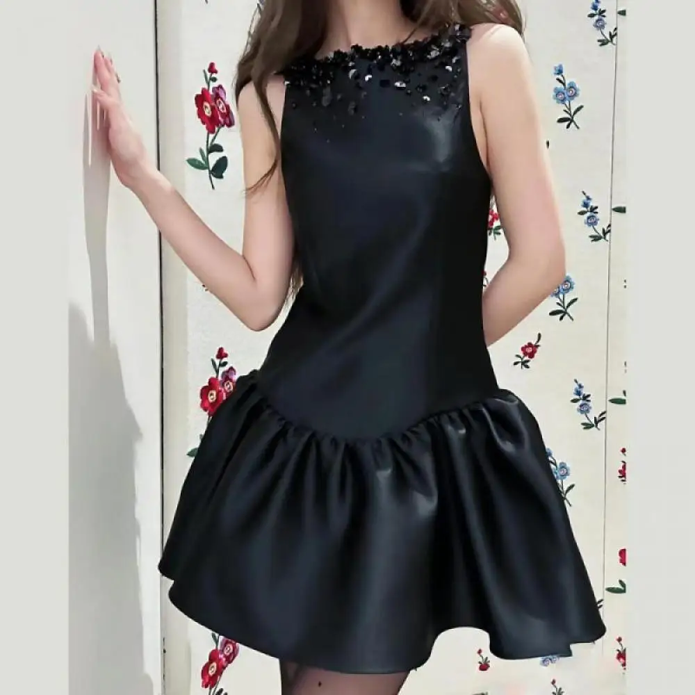 

Designer Brand Sleeveless Suspender Slim Fit Hem Fluffy Dress Black Diamond Beading Luxury Mini Dresses 2014 Spring Summer New