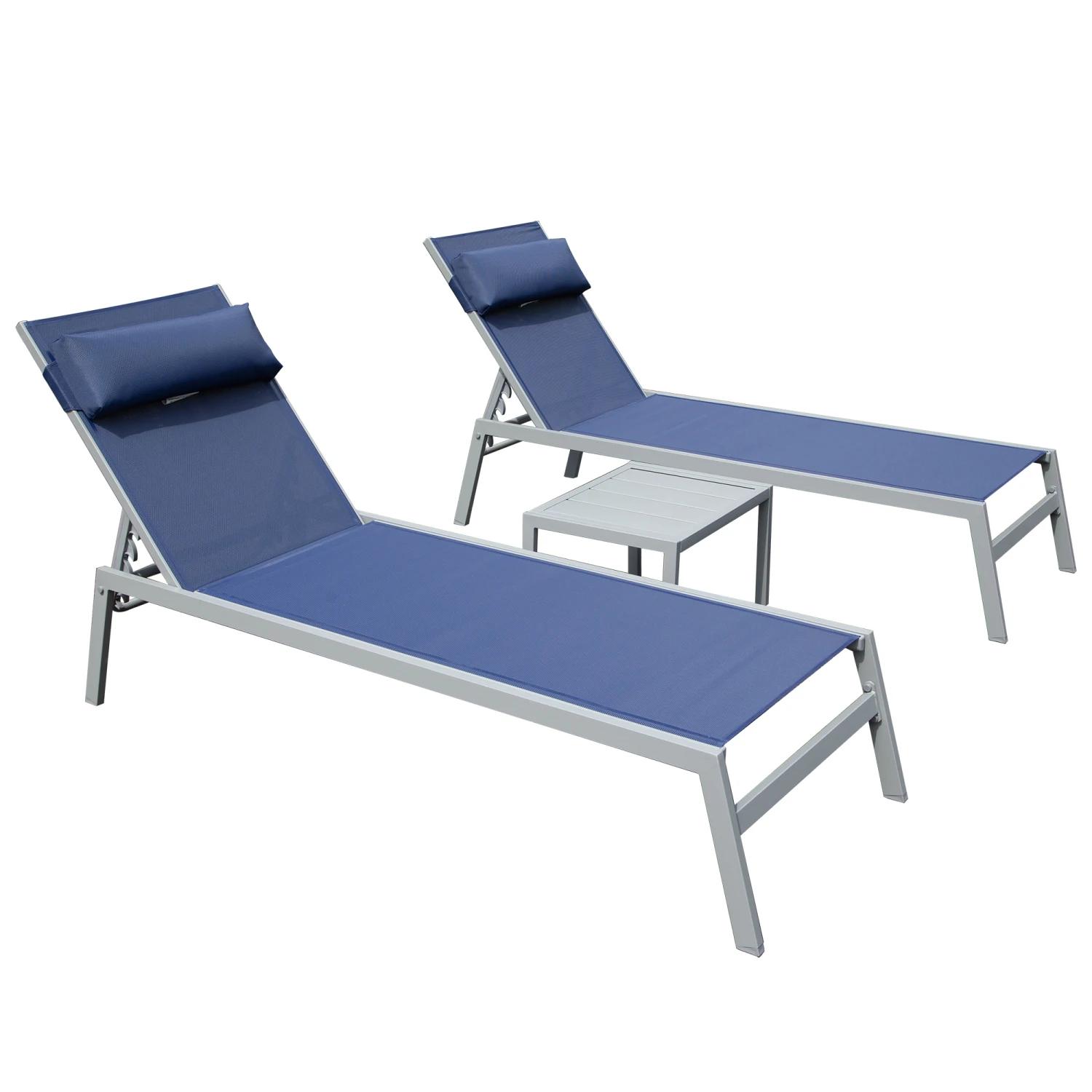 

Stylish Navy Blue Patio Chaise Lounge Set of 3, All-weather Outdoor Aluminum Pool Lounge Chairs with Side Table, Adjustable Rec