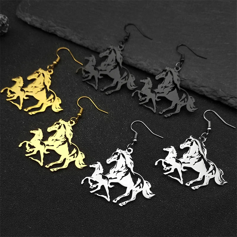 Zwei Pferd Pony Baumeln Ohrringe Für Frauen Männer Edelstahl Silber Farbe Tier Liebhaber Familie Liebe Tropfen Ohrringe Schmuck Geschenke – Detail 3