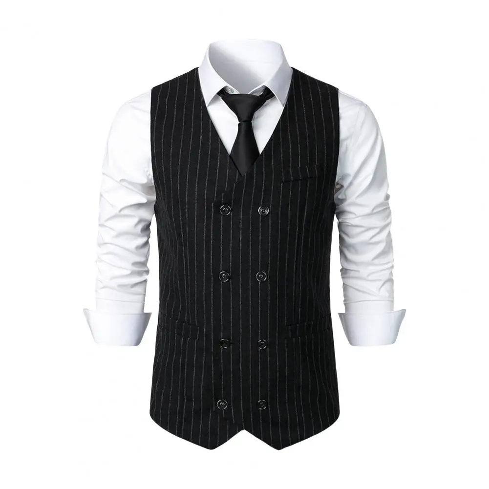 

Striped Print Suit Vest Striped Print Double Breasted Men's Suit Vest Vintage Style Waistcoat for Wedding Business with Patch