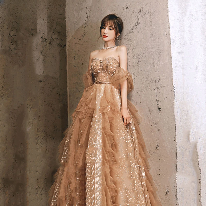 

Casby Sequins Appliques Evening Dress Back Elegant Floor-Length Pleat Full Sleeves New A-Line Woman Formal Party Gowns
