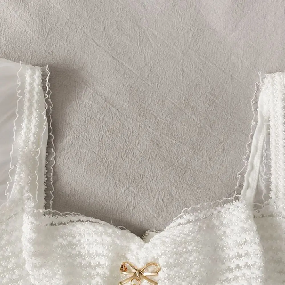 Pleated Puff Sleeve Crop Top Knitwear Slim Fit Lace Bow Knit T-shirt Spicy Girl Style Female Clothing Sweet Top Women Summer