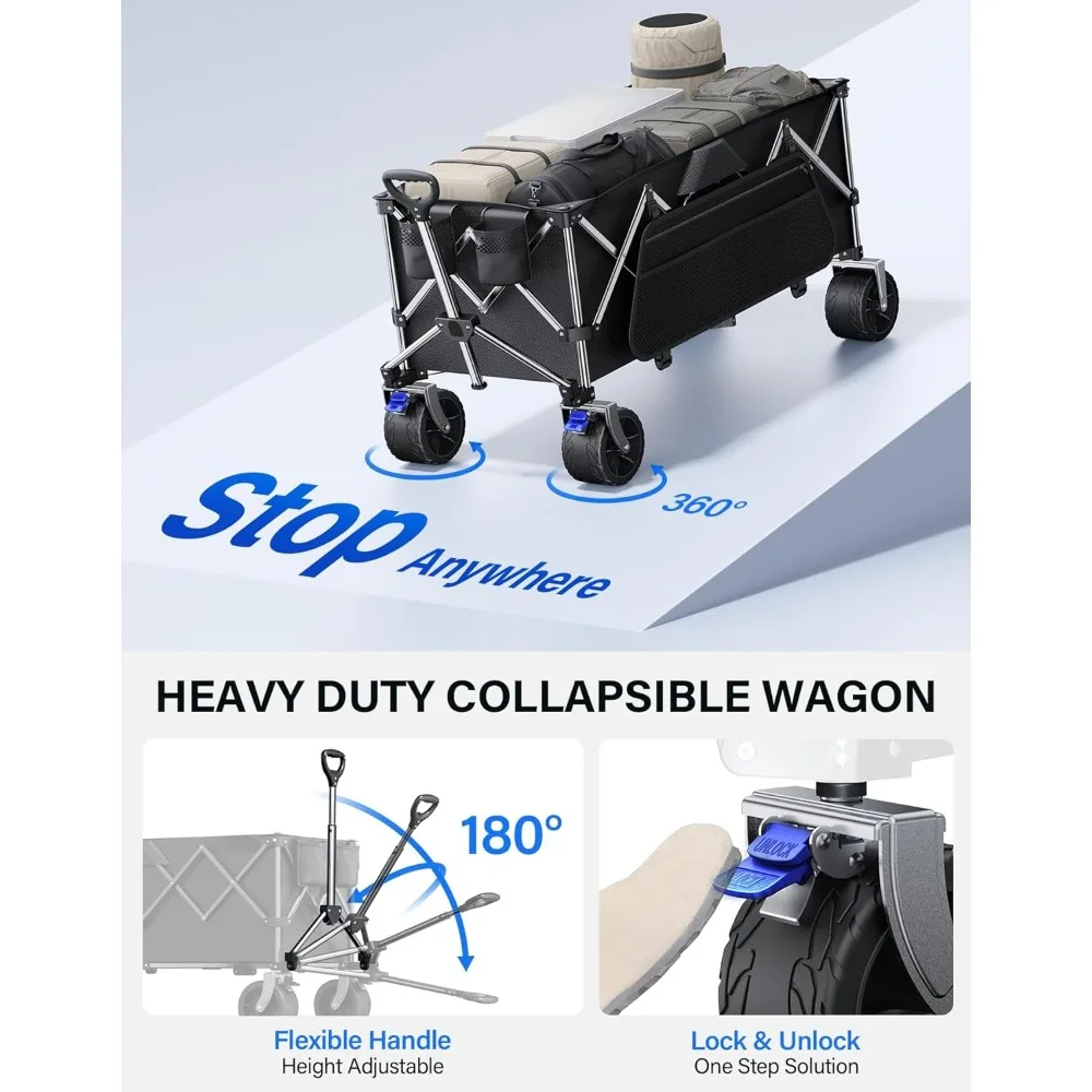 Collapsible Wagon, 440 lbs Foldable Utility Wagon Cart with Big Wheels, Heavy Duty Folding Wagon for Beach/Garden/Grocery-Black