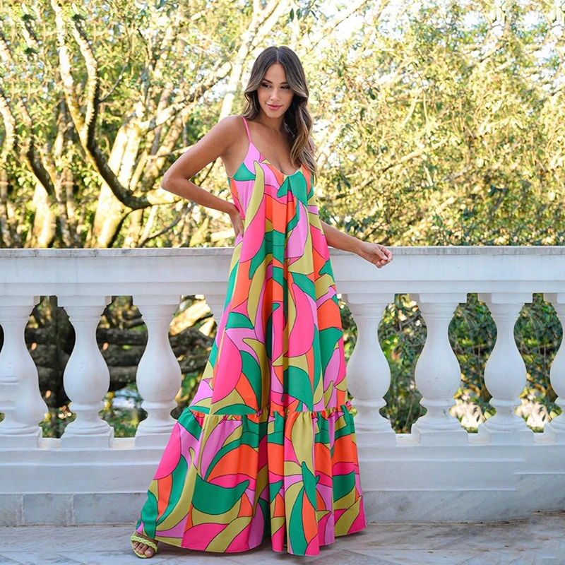 

2023 New Spring Summer Women's Deep V Backless Bohemian Floral Suspender Long Skirt Sleeves Street Clothing Beach Dress S~3XL
