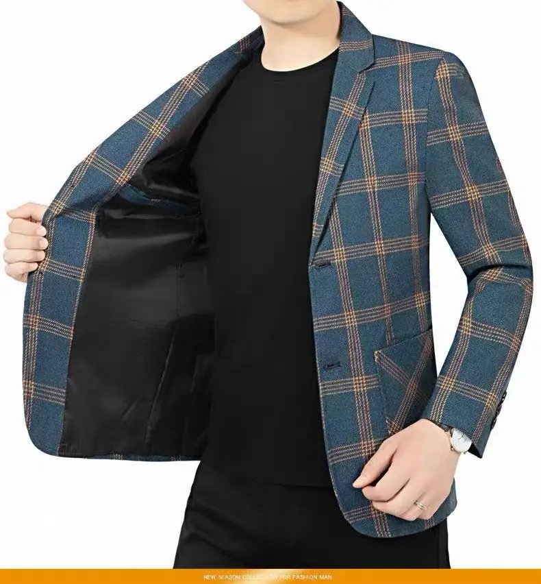 Full silhouette of the men's formal suit jacket suitable for all four seasons.