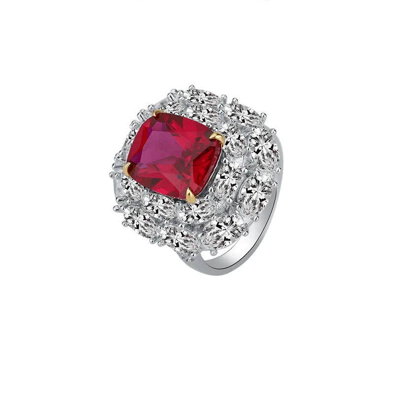 

New fashion trend S925 silver inlaid 5A zircon ladies personality color treasure emerald blue treasure ruby ring