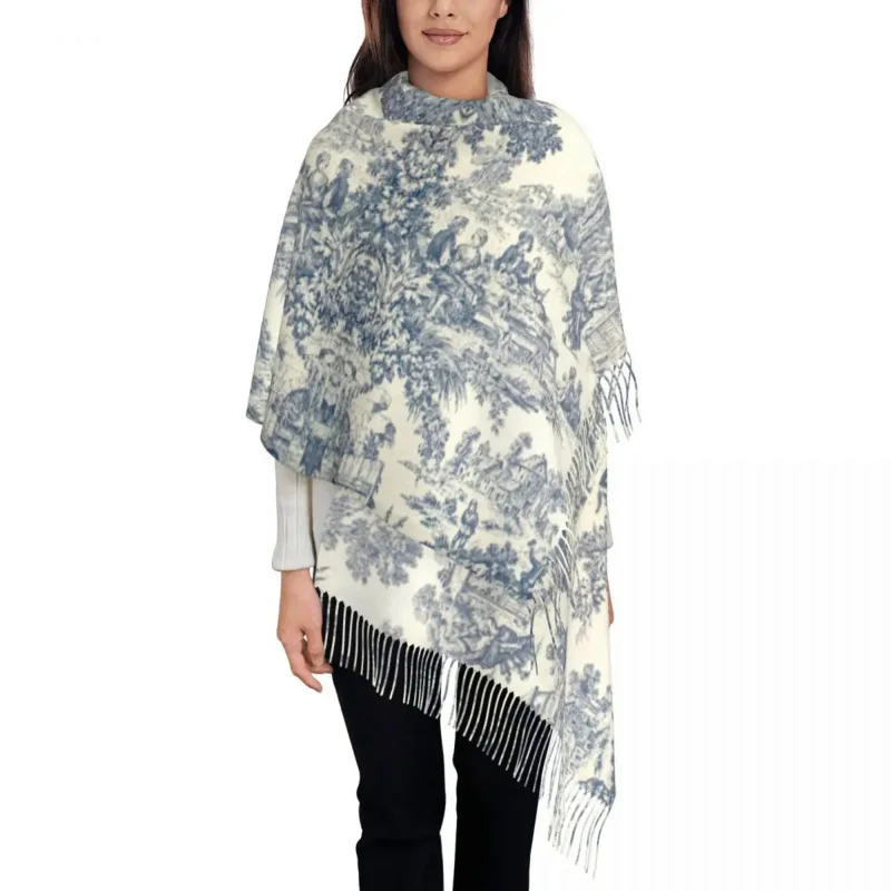 

Toile De Jouy Number 2 Scarf Women Stylish Winter Wrap Shawl French Navy Blue Motif Tassel Wraps
