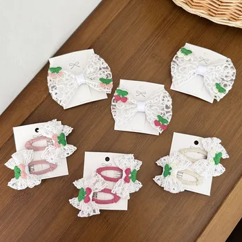 Fermagli per capelli con fiocco in pizzo a nastro per ragazze Forcine laterali per bambini Bowknot BB Barrettes Clip per fiocchi per capelli stampati in pizzo ricamato con ciliegia