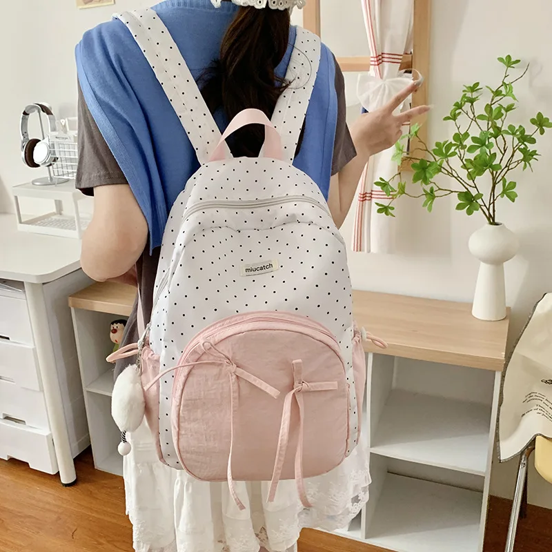 귀엽고 달콤한 소녀들을 위한 물방울 무늬 리본 배낭, 트렌디한 스트릿 스타일 나일론 소재 통기성 좋은 학생용 가방