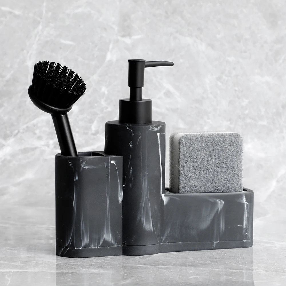 Kitchen Soap Dispenser Marble Look Liquid Hand Dish Soap Dispenser Pump Bottle Sink Dish Washing brush Sponge Holder 3 in 1