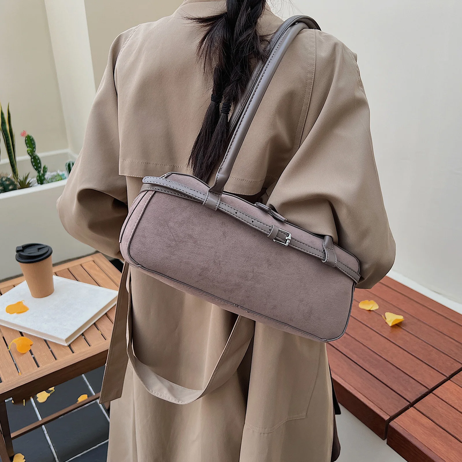 Faux Suede Casual Handbag Solid Color Versatile Shoulder Bag Large Capacity Elegant Boston Bag Women Commute Bag