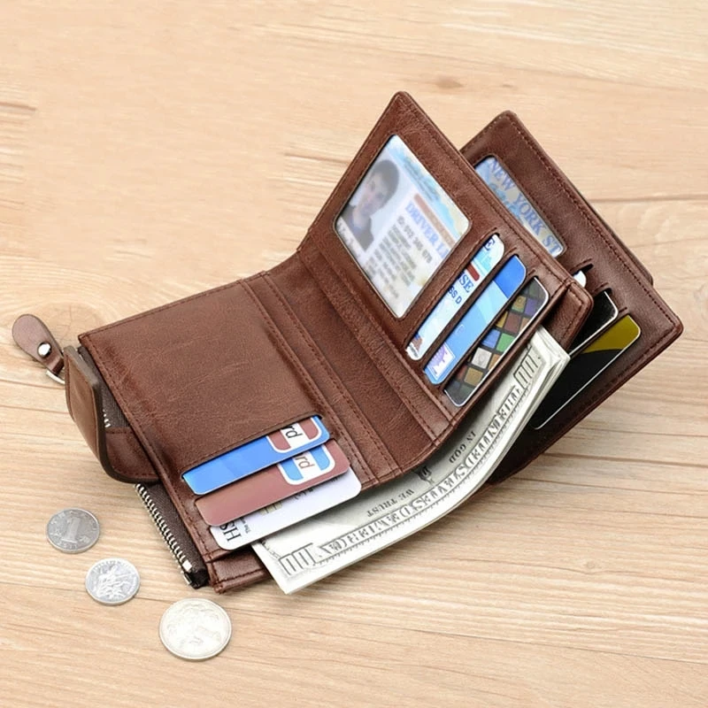 Leather Wallet Men's Luxury Short RFID Card Holder Zipper Coin Purse