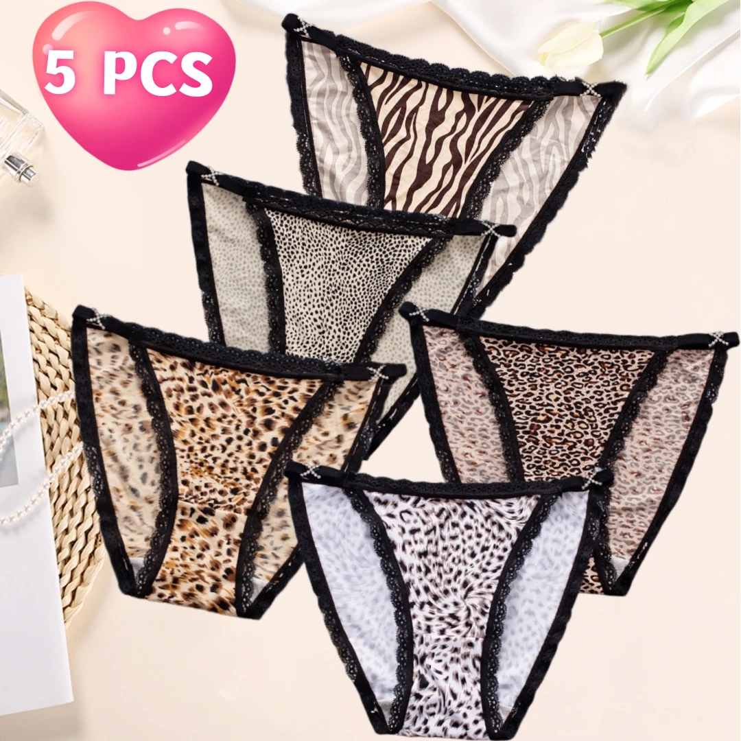 

New 5PCS Sexy Wild Low Waist Briefs Leopard Print Ice Silk Comfortable Underwear Women's Thin Belt Lace Fine G-string