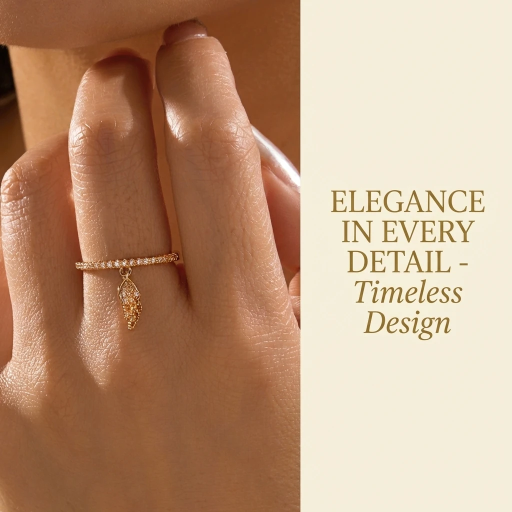 Boho Feder-Hänge-Messingring für Frauen Zierlicher Funkelnder Zirkonia-Charm Fingerschmuck Minimalistischer Freistil Tägliches Accessoire – Detail 2