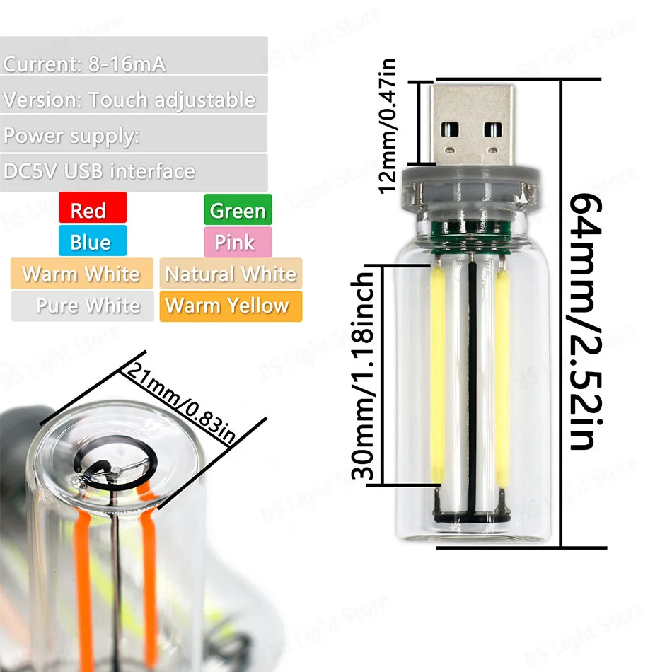 2 Stück 0,3 W 5 V Retro Edison Dimmen Glühbirne Lichtquelle USB Mobile Power Interface Licht Nachtlicht Power Bank Laptop weiß – Detail 1
