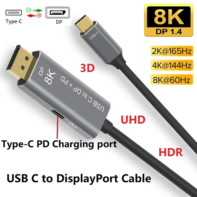 USB C to DisplayPort Cable 8K@60Hz 4K@144Hz 2K@240Hz 32.4Gbps Type-C  Thunderbolt