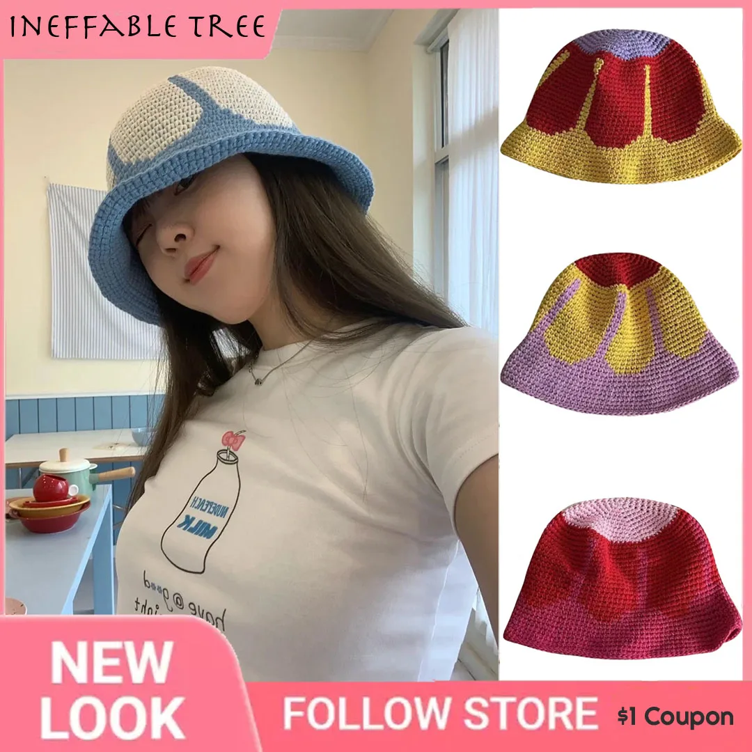 

INS Korean Flower Crochet Bucket Hat Women Spring Summer Handmade Thin Breathe Knit Beanies Cute Beanies Panama Cap Sombrero