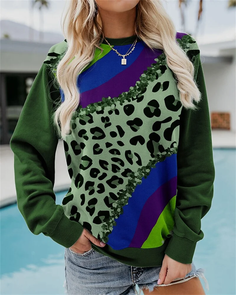 Fashion Leopard Splicing Print Long Sleeve Sweatshirt Women Elegant Autumn Winter Warm Thick Tops Loose Casual Hoodie Female New