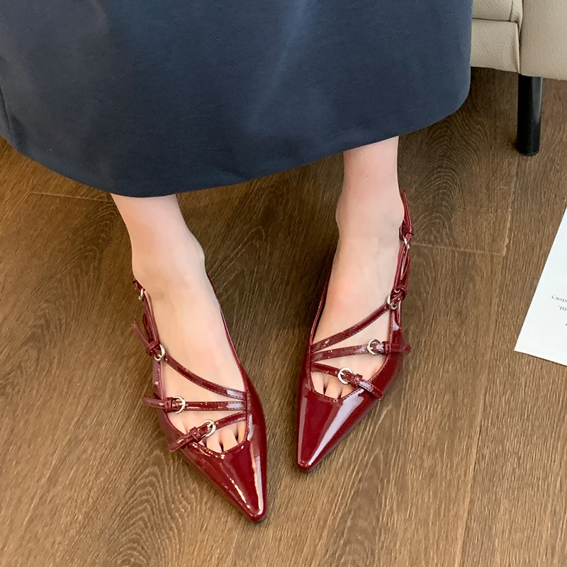 Pumps Footwear Red Women High Heels Shoes Luxury Fashion Metal Buckle Ladies Heels Shoes Female Pointed Toe Slingbacks