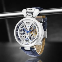 Montre mécanique automatique étanche haut de gamme, avec bracelet en cuir véritable et coque arrière transparente en acier inoxydable 6