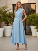 Missuoo Summer 2025 Women's Elegant Sleeveless Cotton-Blended Dress Double Button High Waist A-Line Office Dresses with Belt - Image 6