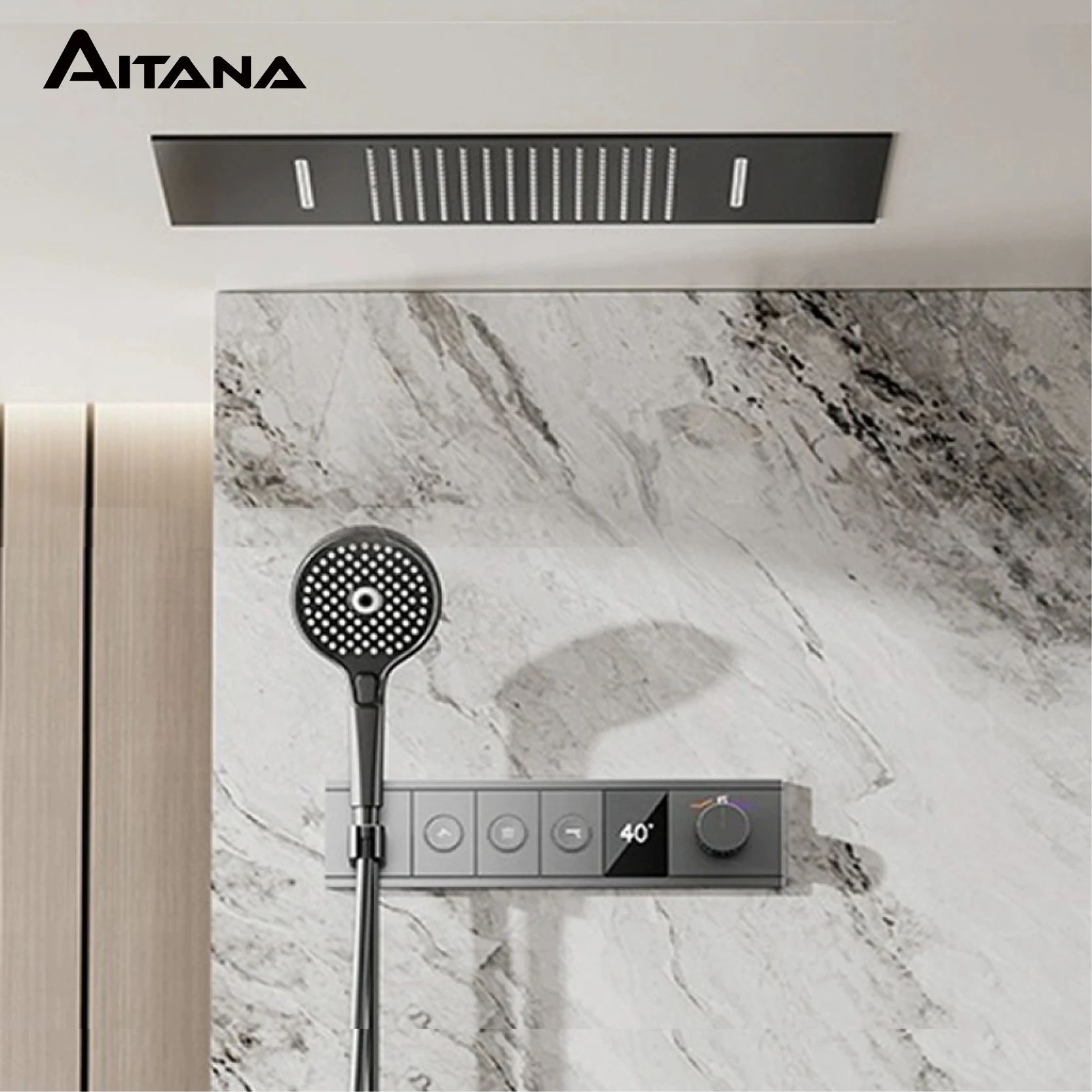 ระบบฝักบัวฝังทองเหลืองสีเทาแบบหรูหราจอแสดงผล LED แบบดิจิตอลดีไซน์อุณหภูมิคงที่ก๊อกน้ำร้อนและน้ำเย็นติดเพดานห้องน้ำ 1