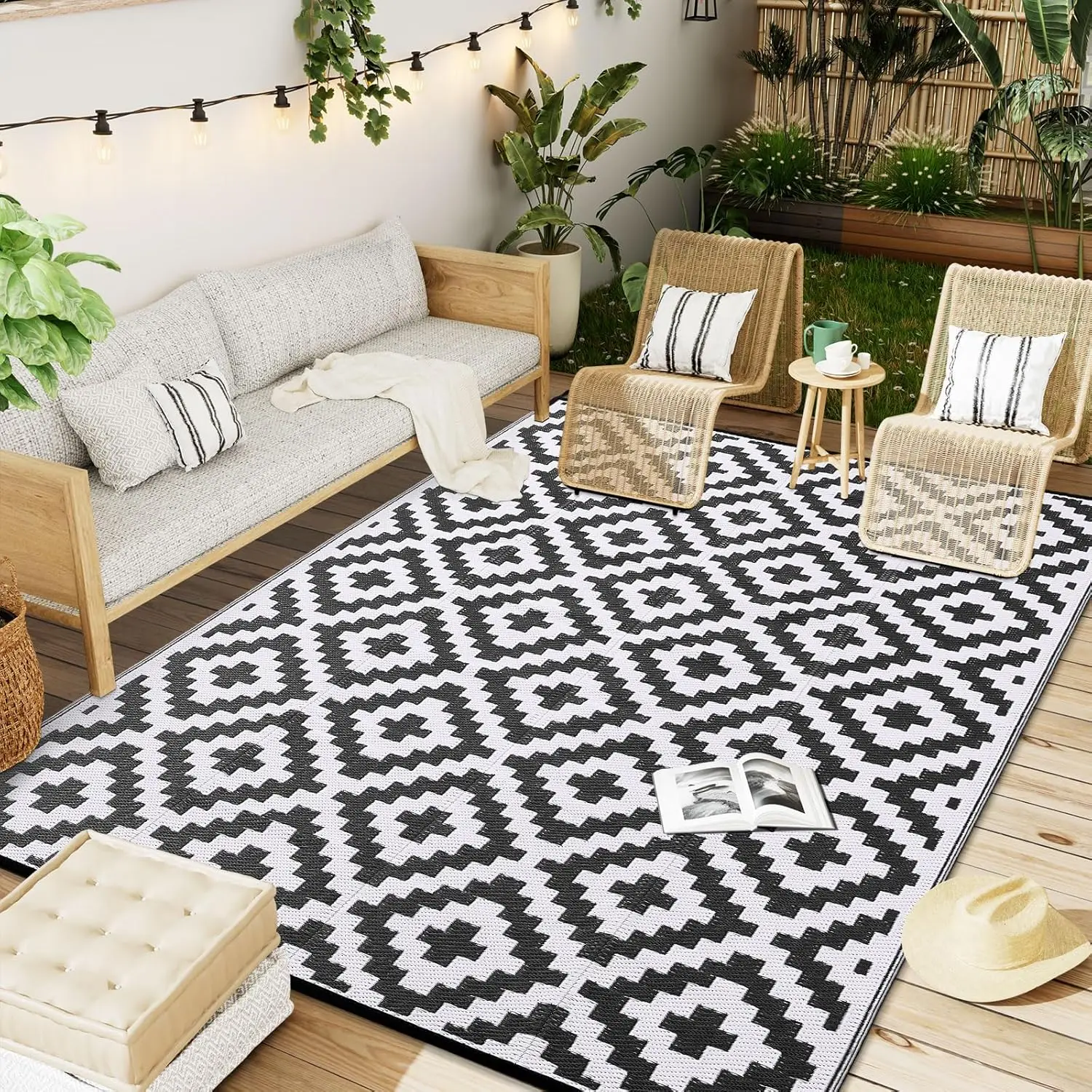 MiRcle Sweet Waterproof Outdoor Rug 4X6 ft Reversible Black & White Plastic Straw Patio Carpet for Camping, 120X180cm Floor Mat