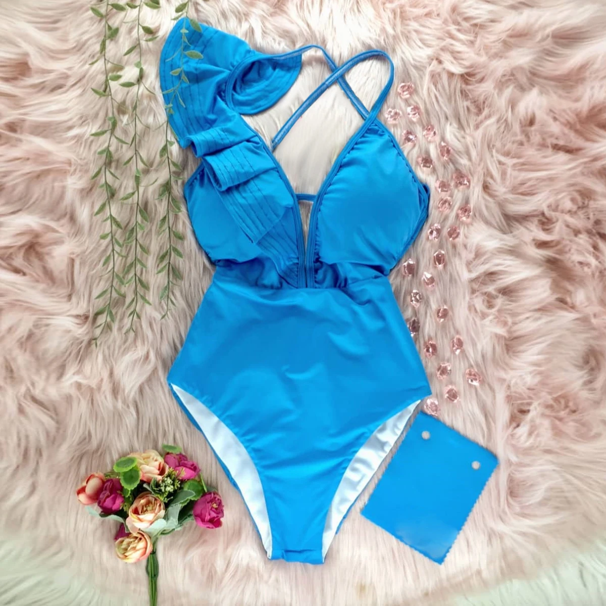 One Piece Swimsuit Deep V-neck Ruffle Push Up Backless Monokini