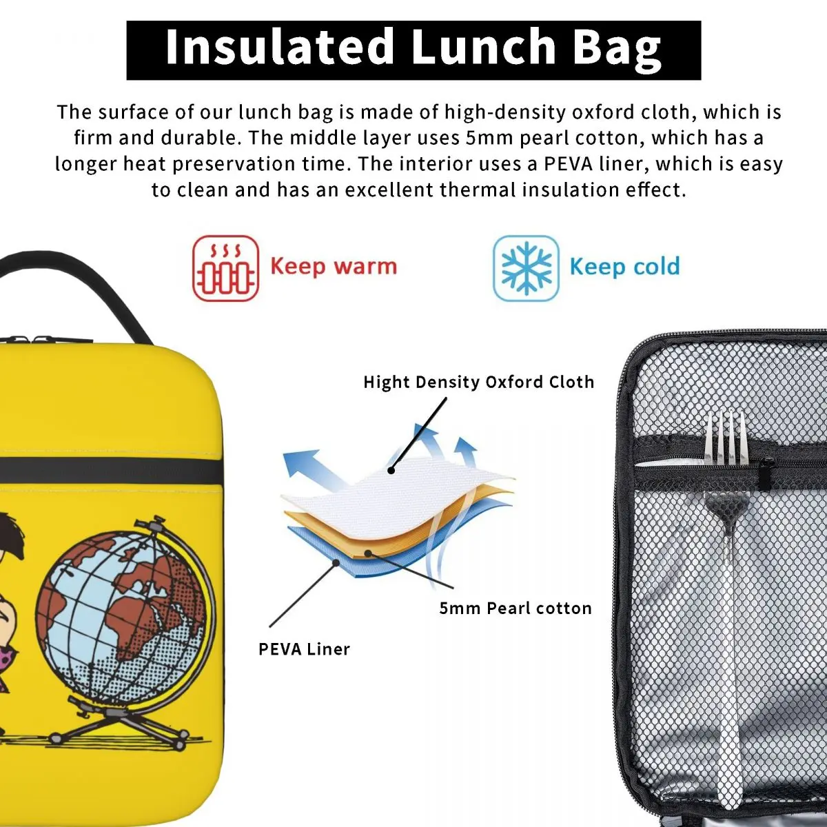 Funny Mafalda Anime Thermal Insulated Lunch Bags Women Comic Cartoon Portable Lunch Container for School Multifunction Food Box