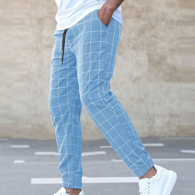 2023 Autumn Minimalist Fashion Trend Plaid Hoodie Versatile Casual Drawstring Contrast Loose Fitting Men's Temperament Pants