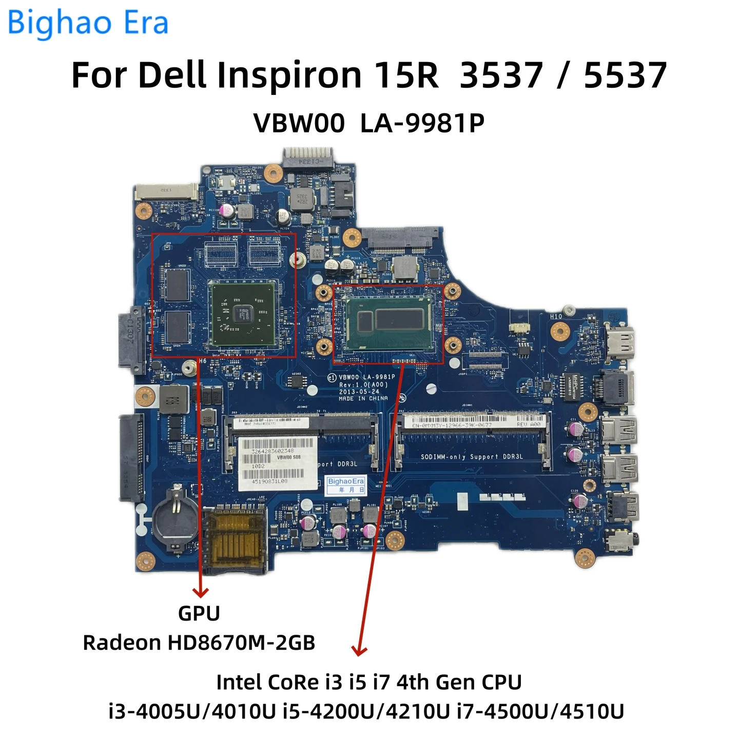 Placa-mãe Portátil para Dell i3 I54200u I7-4500u Cpu 2gb-gpu Cn0p28j8 01rfh 08mvm8 Vbw00 La-9982p La-9981p Cn-0p28j8 01rfh 08mvm8