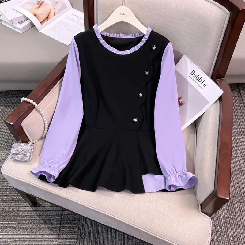 

2024 New Summer Elegant Fashion Simplicity Loose Casual Office Lady Women's Shirt Splicing Bell Sleeve O Neck Long Sleeve Tops