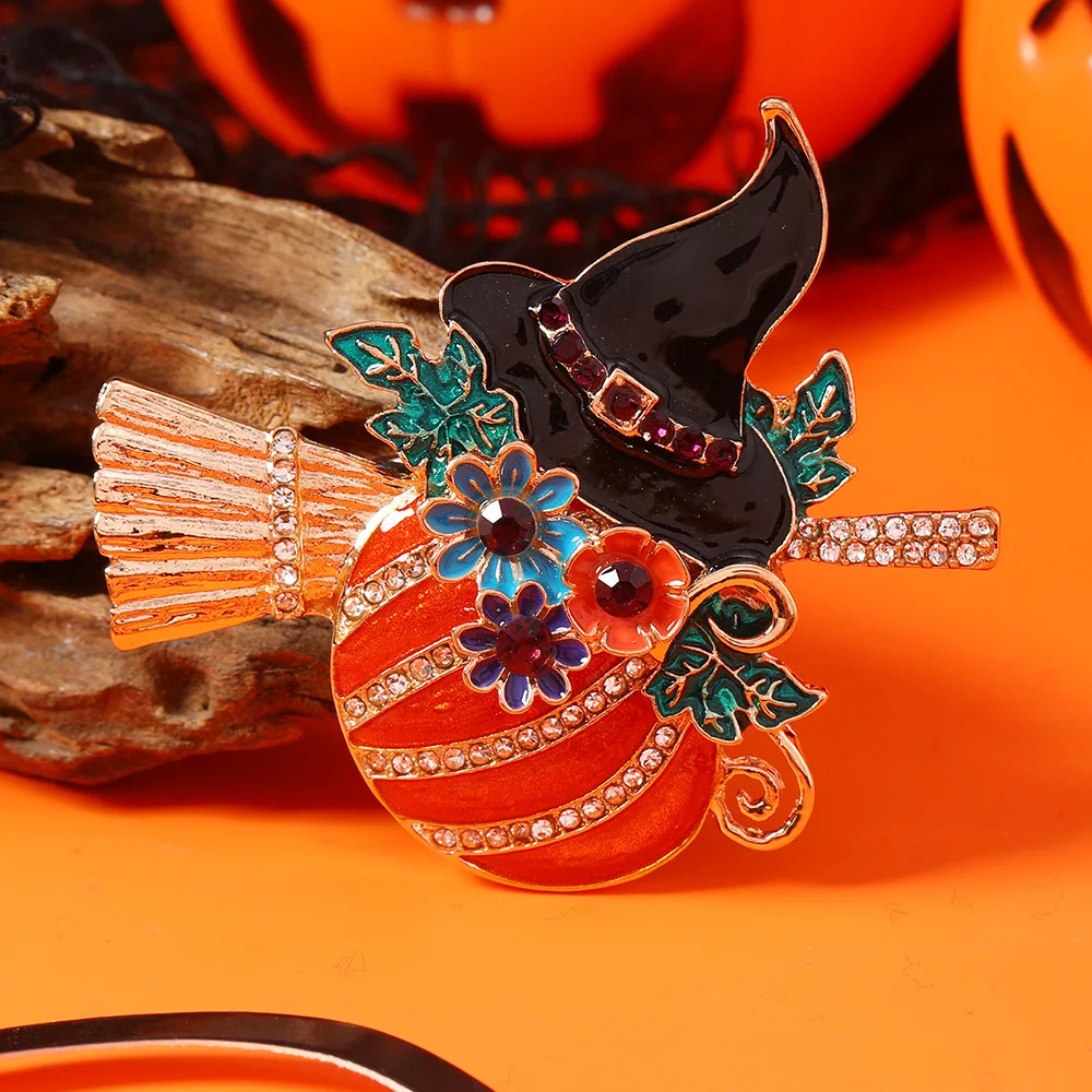 Halloween Witch Hat Broom Pumpkin Design Men Women Brooch