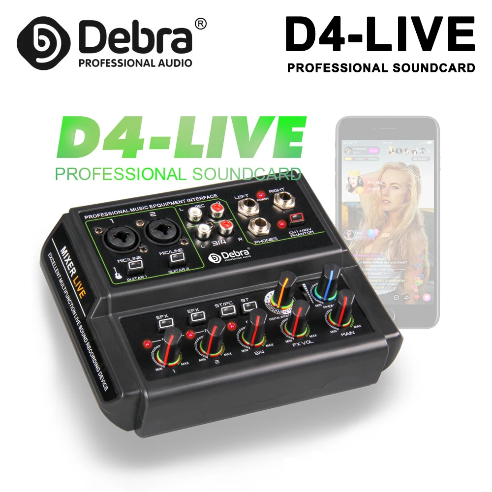 Debra D4-Live 4채널 오디오 리버브 라이브 사운드 카드(블루투스, 6.5mm 모니터 헤드폰 잭, 웹캐스팅용 16개의 DSP 효과 포함)