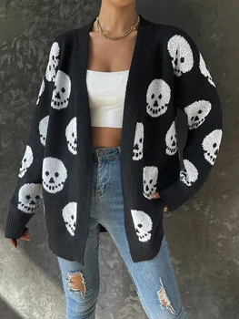 Women s Halloween Casual Knit Cardigan Long Sleeve Open Front Skull Print Knitwear Sweater 3