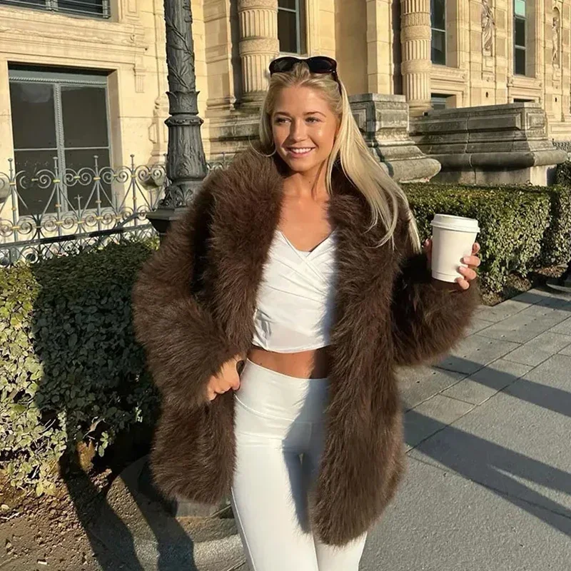 Luxury Brown Faux Fur Coats Women Fashion Full Sleeve Lapel Long Warm Jacket Winter Fluffy Thick High Street Outerwear New