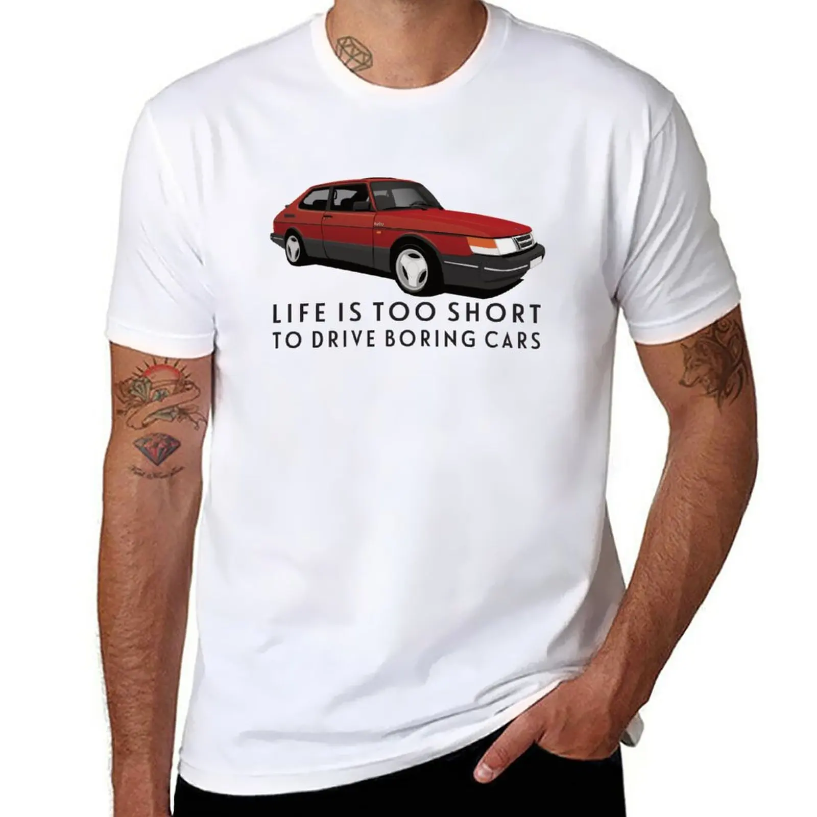 New Life Is Too Short To Drive Alesing Cars - Red Saab 900 Turbo 16 Aero T-Shirt Magliette Pesanti Magliette Grandi E Alte Da Uomo
