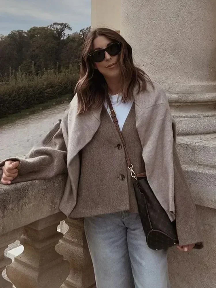 Women Fashion Grey V Neck Loose Warm Jackets Autumn Retro Button Long Sleeve Coat With Pockets Lady Casual High Street Outerwear 3