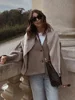 Women Fashion Grey V Neck Loose Warm Jackets Autumn Retro Button Long Sleeve Coat With Pockets Lady Casual High Street Outerwear 3