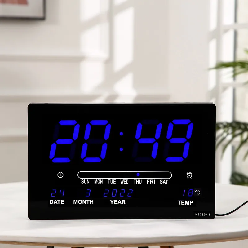 32x20x3CM Large Digital Wall Clock Alarm Hourly Chime Function Table Clock Calendar Temperature Electronic LED Clocks with Plug 