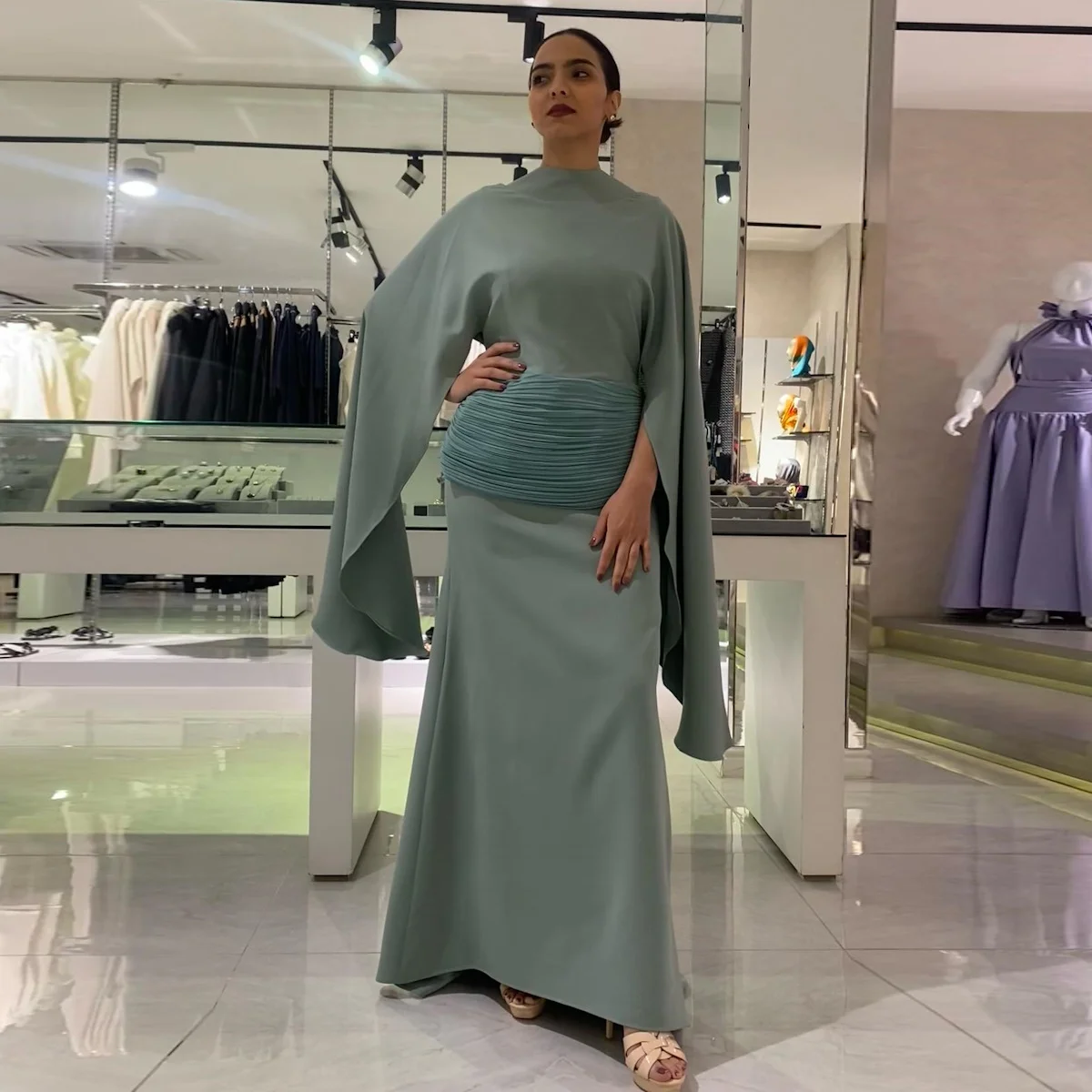 

ROSELLA O Neck Evening Dress with Long Cape Sleeves Floor Length Mermaid vestido de fiesta Pleated Belt Arabic Dresses for Women