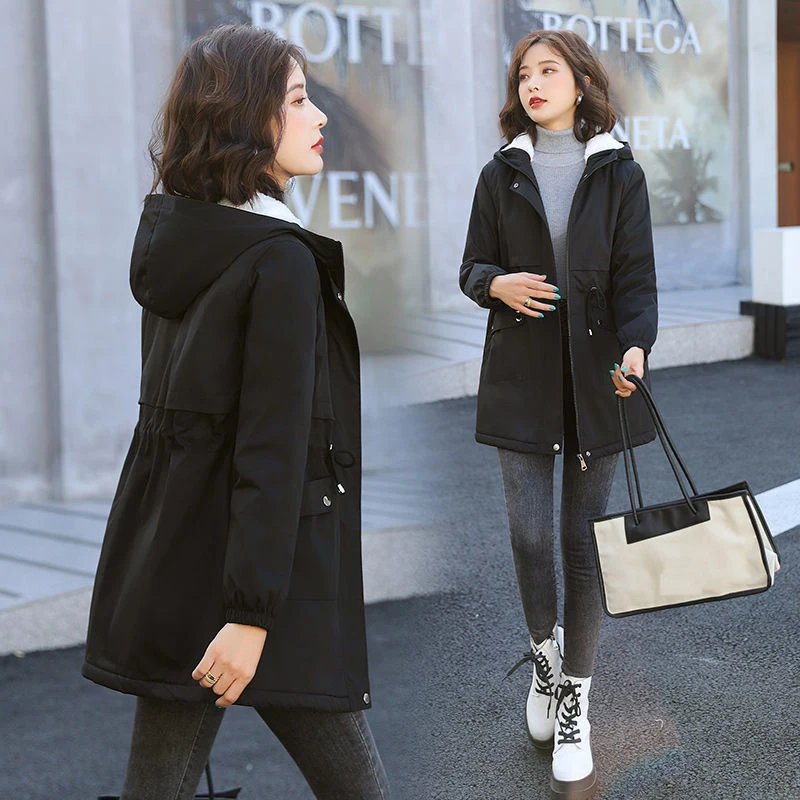 

Winter Thicken Lambswool Trench Coat Women Korean Hooded Long Sleeve Padded Jackets Ladies Casual Warm Fleece Liner Long Coats
