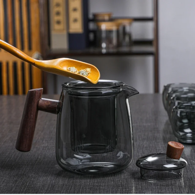 Glass Teapot Wood Handle Chinese Tea Ceremony Transparent Teawear Set Cup Filter High Boron Silicon Janpanese Pot