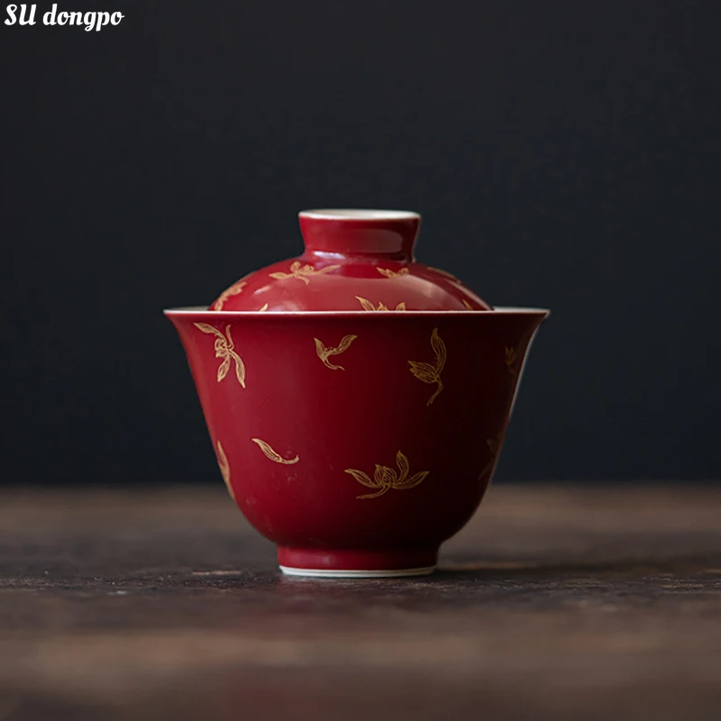 Lang Hong Gilded Gaiwan Chinese Style Red Autumn Orchid Gilded Decal Cover Bowl Kungfu Small Tea Making Bowl