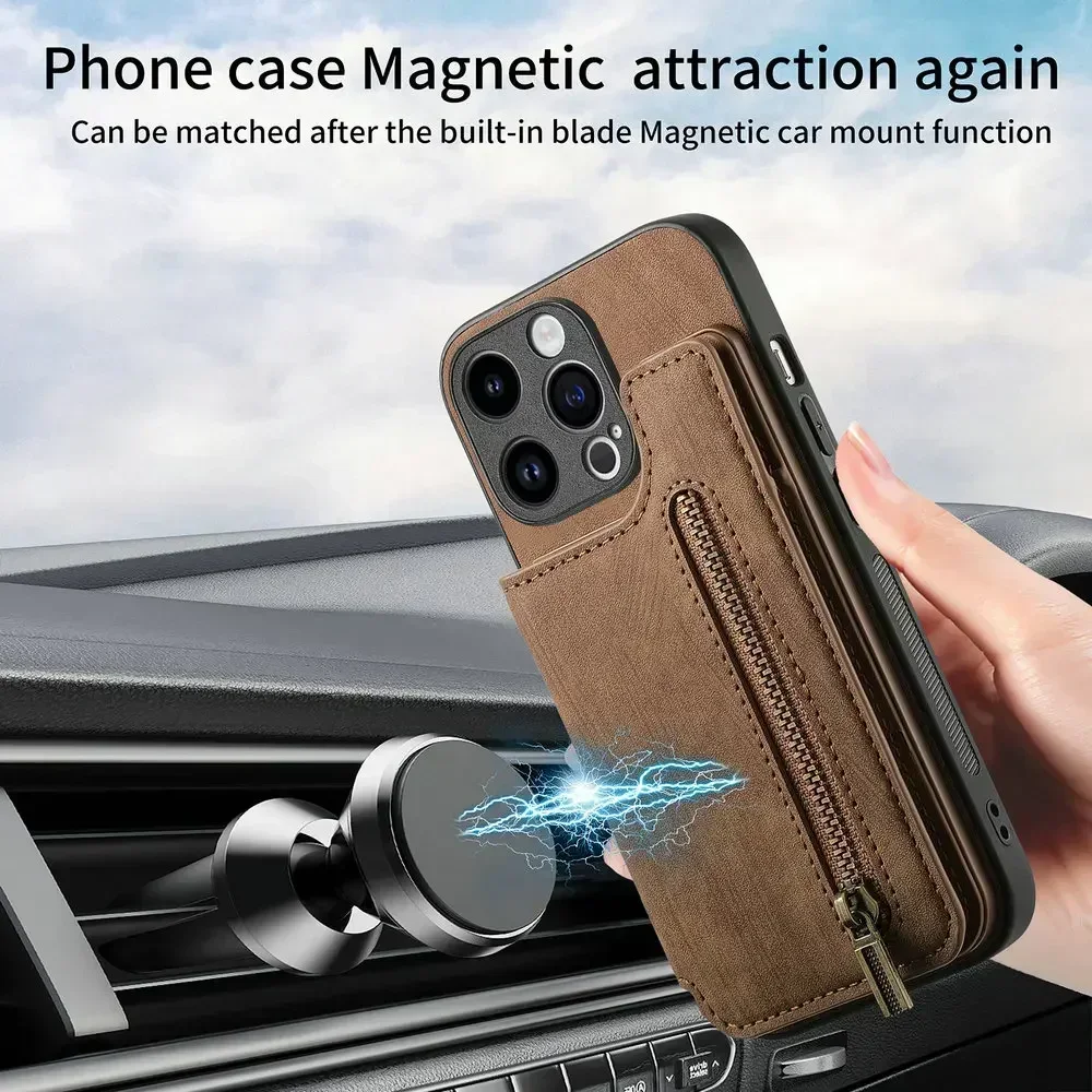 Zipper Leather Card Case Back Cover