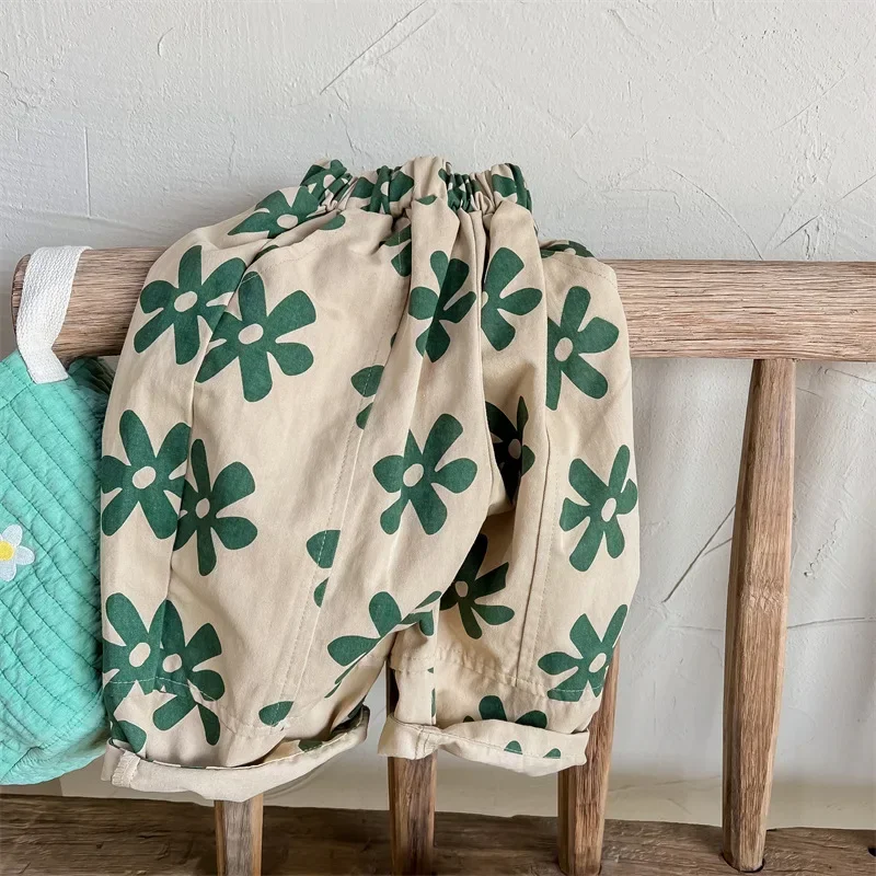 1639C Children Pants Autumn Spring New Flower Print Girl’s Pant Washed Cotton Harem Pants 1-7Year Boy’s Casual Pants Trousers