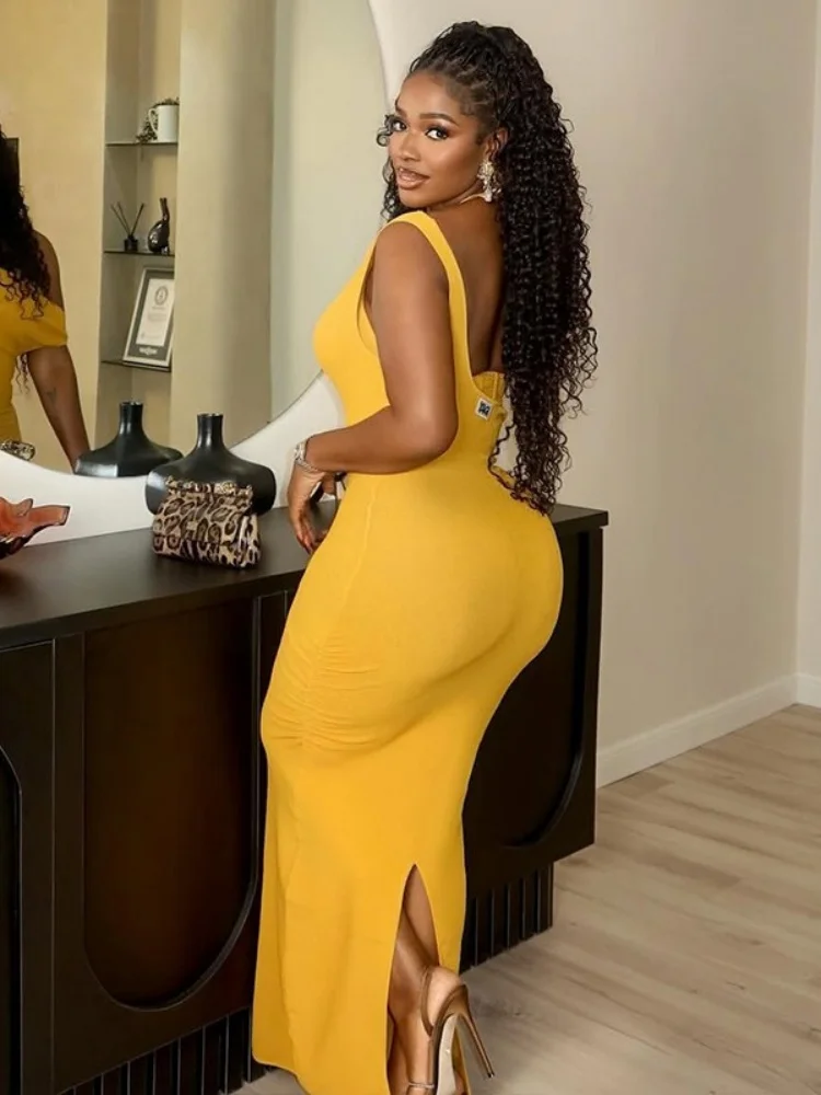 Wmstar Dress Whplesale Pleated Slimming Hip Hugging Off The Shoulder One Step Backless Slit Long Elegant Form Fitting Clothing