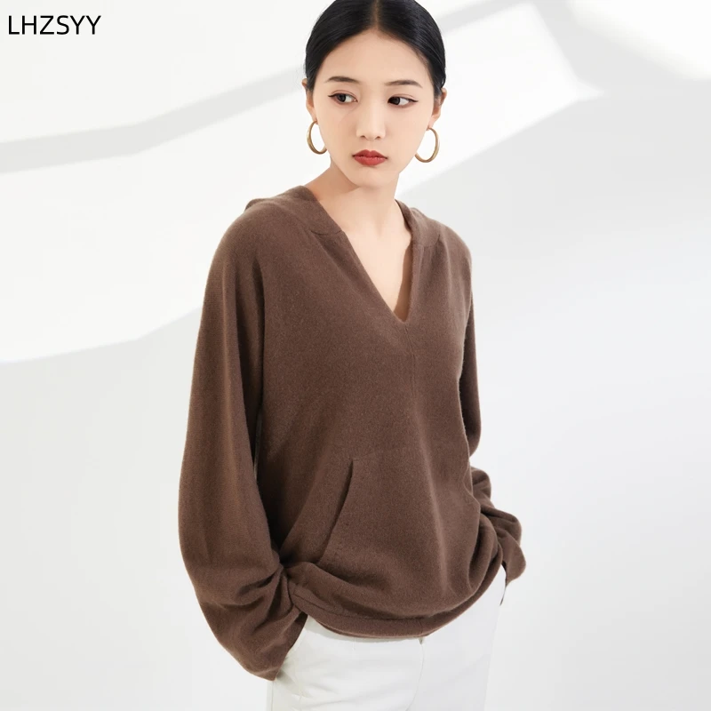 

LHZSYY 2024 Spring Hooded 100% Merino Wool Sweater Ladies New V-neck Pullover Joker Knit Large size Hoodies Pocket Jacket Blouse