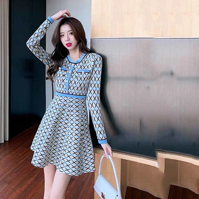 Women Elegant Winter Knitting Knee-length Dresses Long Sleeve Straight  Plaid Jumper Autumn Casual One Piece Clothes - AliExpress