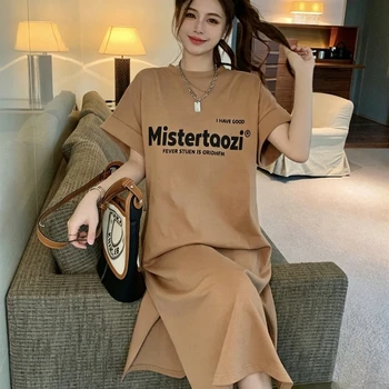 Plus Size Casual T-shirt Dress Women's O-neck Short Sleeve Letter Print Loose Long Tshirt Dress Summer Oversized Maxi Dress